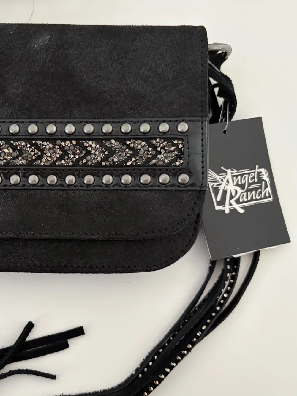 Angel Ranch Black Suede Crossbody with Studded & Braided Accent